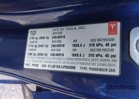 2018 Tesla Model 3 Long Range/Mid Range from USA, damaged, VIN 5YJ3E1EA1JF004308